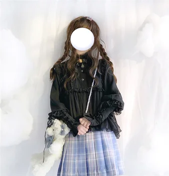 Japonų Mados Moterų Lolita Palaidinė Derliaus Gotikos Saldus Nėrinių Pynimas Apykaklės JK Juodi Marškinėliai Moteriška Elegantiškas ilgomis Rankovėmis Viršūnes 2021