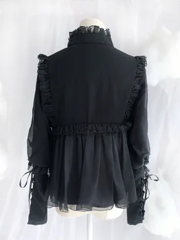 Japonų Mados Moterų Lolita Palaidinė Derliaus Gotikos Saldus Nėrinių Pynimas Apykaklės JK Juodi Marškinėliai Moteriška Elegantiškas ilgomis Rankovėmis Viršūnes 2021