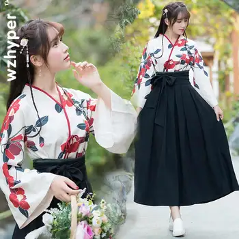 Japonų Stiliaus Kimono Šalis Suknelė Moterims Taisho Mergina Haori Rūbeliai Ao Dai Viršūnių, Sijonai, Komplektai, Azijos Drabužių Anime Cosplay Kostiumai