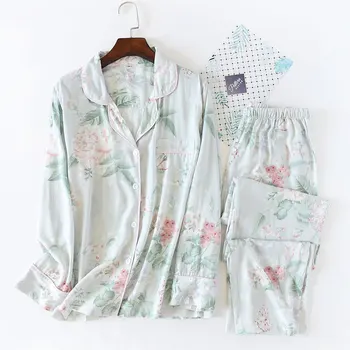 Japonų stiliaus naujas pavasario ir vasaros moterų pižama medvilnės, šilko ilgomis rankovėmis kelnės kostiumas gėlių spausdinimo namų paslauga kostiumas