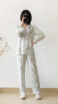 Japonų stiliaus naujas pavasario ir vasaros moterų pižama medvilnės, šilko ilgomis rankovėmis kelnės kostiumas gėlių spausdinimo namų paslauga kostiumas