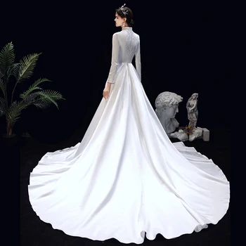 Jaunavedžių VESTUVIŲ suknelė prabangus satino balto vestuvių suknelės ilgomis RANKOVĖMIS PLIUS DYDIS jubiliejaus ceremonija Musulmonų vestuvinė SUKNELĖ
