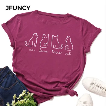 JFUNCY Plius Dydis Vasaros T-shirt Moterims, Medvilnės Marškinėliai Lovely Cat Spausdinti Marškinėlius trumpomis Rankovėmis laisvos Moters Viršūnes Moterų Tee Marškinėliai