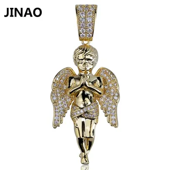 JINAO Hip-Hop Micro Asfaltuotas Cirkonis Angelas Jėzus Sparno Vario, Aukso, Sidabro Spalva, Padengtą Lediniame Iš Visiškai Cz Karoliai Pakabukas Dovana
