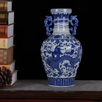 Jingdezhen keramika keramikos mėlynos ir baltos drakonas vaza papuošalai binaural kambarį apdailos pramonės įranga
