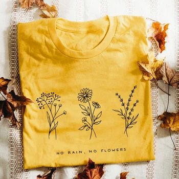 Jokio Lietaus, Jokio Gėlių Grafinis Tee Marškinėliai Wildflower T-shirt Moterims, Geltona Medvilnės marškinėliai 90-ųjų Vasaros Mados Viršų Tee Lašas Laivybos
