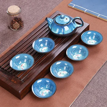 Jun Porceliano Kung Fu arbatos rinkinys Tenmoku žuvų įdomus arbatos puodelio rūdos Zisha Arbatinukas 1 arbatinukas + 6 puodeliai