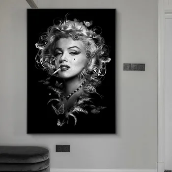 Juoda Balta Marilyn Monroe Rūkymas Plakatas Portretas, Drobė, Tapyba ir grafika Cool Girl Sienos Meno Nuotrauka už Kambarį, Namų Dekoro