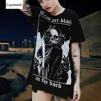 Juoda Tamsiai Goth Moteris Ilgi marškinėliai-Suknelė 2020 Lady Kaukolė Katė Cool Spausdinti Hipster Lauko Mados Marškinėlius Gothic Punk Pagrindinio Viršų