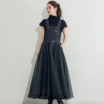 Juodos Džinsinio Audinio Tinklelio, Be Rankovių Aukštos Juosmens Moterų Suknelė Korėjos 2020 Metų Vasaros Lady Maxi Suknelės Skraiste Japonijos Plėtra Femme Vestiods