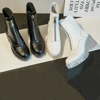 Juodos odos trumpi batai moterų naujos mados apvali galva, storos aukšto kulno batai Britų stiliaus priekinis užtrauktukas dizaino moteriški bateliai