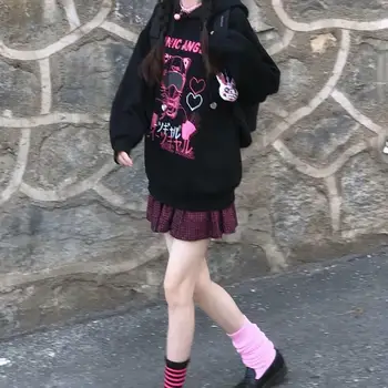 Juodos Palaidinės Juokinga Rudenį Puloveris Gathic Harajuku Hoodie Streetwear Negabaritinių Ilgomis Rankovėmis Japonija Punk Hip-Hop Viršūnes Mergaitės