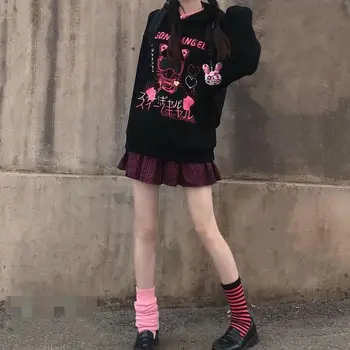 Juodos Palaidinės Juokinga Rudenį Puloveris Gathic Harajuku Hoodie Streetwear Negabaritinių Ilgomis Rankovėmis Japonija Punk Hip-Hop Viršūnes Mergaitės