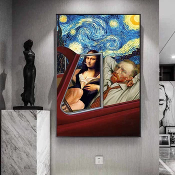 Juokinga, Van Gogas ir Mona Lisa Vairavimo Rūkyti ant Drobės Tapybos Plakatai Abstrakčiai Sienos Menas Nuotraukos Namų Sienų Dekoras