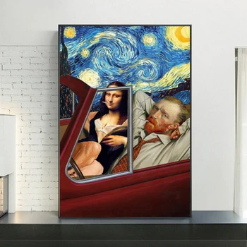 Juokinga, Van Gogas ir Mona Lisa Vairavimo Rūkyti ant Drobės Tapybos Plakatai Abstrakčiai Sienos Menas Nuotraukos Namų Sienų Dekoras