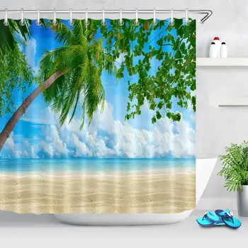 Jūros Paplūdimio Dekoracijos Modelis Dušo Užuolaidos Vandeniui Audinio Palmių Žaliųjų Augalų Vonios Ekrano Dušo Poliesteris Vonios Uždanga