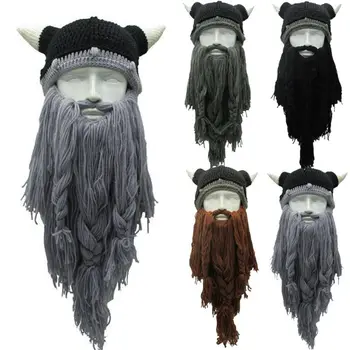Kalėdų Juokingi vyriški Viking Megzti Perukas Ilga Barzda Ragų Kepurę 