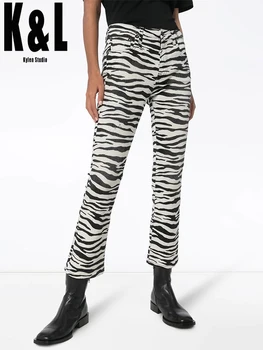 K&L kylen derliaus Gatvės Zebras Spausdinti Džinsai moterų 2020 m. Rudens Pradžioje, Naujų Vidutinės-Aukštos Juosmens Ruožas Slim Micro Trimitas Devynių Džinsai