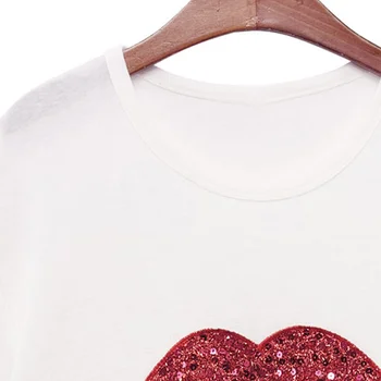 Karšto Pardavimo 2016 Naujas Mados Atsitiktinis Vestidos Atspausdintas Raudonos spalvos Lūpų moteriški marškinėliai Prekės Vasaros trumpomis Rankovėmis Prarasti Top Marškinėliai