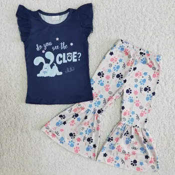 Karšto Pardavimo Baby Girl Boutique Drabužių Mėlyna Trumpos Rankovės Marškinėlių Šuo Pėdsakus Bell dugnu Kelnės Vaikams Rinkiniai Vaikams Mados Apranga