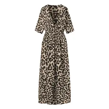 Karšto VONDA Moterų Leopard Print Suknelė 2021 M. Rudenį Sexy V Kaklo Aukštos Padalinta Ilgos Suknelės, Šaliai, Derliaus Atsitiktinis Plus Size Vestidos