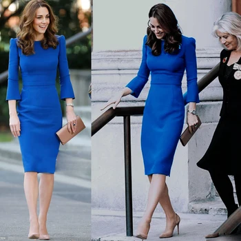 Kate Middleton Rudenį Naujų Moterų Aukštos Kokybės Mados Šalies Darbo Atsitiktinis Seksualus Derliaus Elegantiškas Prašmatnus Mėlyna ilgomis Rankovėmis Pieštuku Suknelė