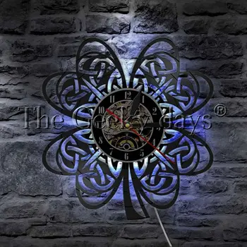 Keltų Mazgas Airijos Dobilų Lapų Kabo LED Šviesos Vinilo Įrašas Sieninis Laikrodis St Patriko Dienos Dovana Modernios Sienos Lempos