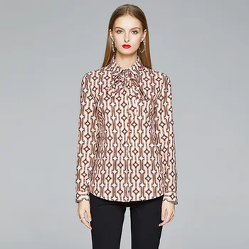 Kilimo ir tūpimo tako Projektavimo Marškinėliai Rudens Žiemos Moterų Plius Dydis-ilgomis rankovėmis Turn-žemyn Apykaklės Derliaus Spausdinti Palaidinė Office Lady Elegantiškas Viršūnės