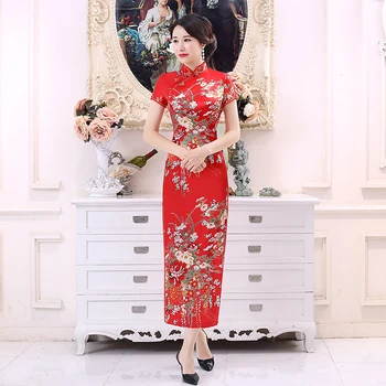 Kinų Tradicinė Suknelė Gėlių Spausdinti Elegantiškas Trumpas Rankovės Cheongsam Stovėti Apykaklės Stora Bodycon Suknelė Cheongsam Moterų Suknelė