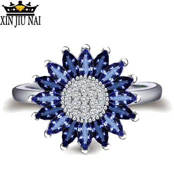 Klasikinis Blue Daisy Gėlių Žiedas, Moterų Bijoux Vestuvių Juostas Dirvą CZ Kristalų Dalyvavimas 925 Anillos Sidabro Žiedas Indijos Papuošalai