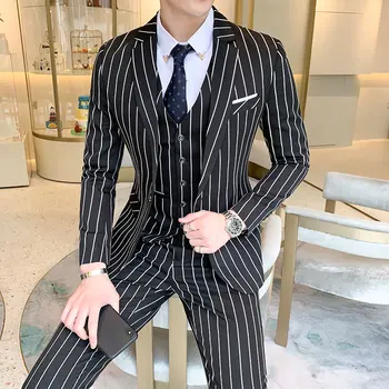 Klasikinis, juostuotas kostiumas vyriškų oficialių verslo plonas kostiumas Terno homens jaunikis smokingas vestuvių kostiumą vyrų rinkiniai 3pcs (švarkas+kelnės+liemenė)