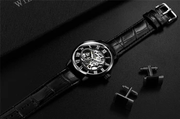 Klasikinės Juodos spalvos Odinis Dirželis Skeletas Vyrų, Moterų Pora Automatinis Mechaninis laikrodis Mados Prabangos Prekės Unisex Laikrodžiai