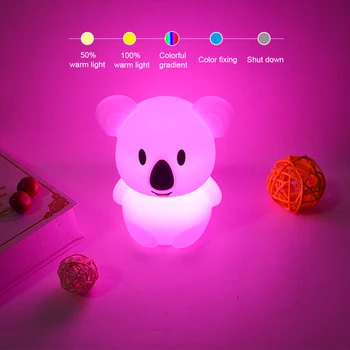 Koala LED Naktį lengvo Prisilietimo Jutiklis RGB Baterija Animacinių filmų Silikono Katytė Miegamojo, Naktiniai staleliai, Lempa, Vaikams, Vaikų, Kūdikių Dovanų