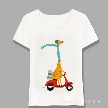 Kolegijos Dienų Žirafa Ir Knygų Spausdinimo T-Shirt Vasarą Moterys T-shirt Mielas Gyvūnų, Animacinių filmų Atsitiktinis Tees Mergina Viršūnes Harajuku