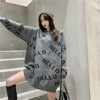 Korėjos apvalios apykaklės negabaritinių ilgai mezgimo megztinis puloveriai naujas mados raidžių žakardo megztinis megztinis rudenį žiemą