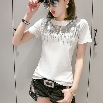 Korėjos Blizgančiais Deimantų O-Kaklo Marškinėlius 2019 M. Vasarą Office Lady Medvilnės Atsitiktinis Viršų Drabužiai, Marškinėliai Camiseta Mujer Juoda Balta T95108L