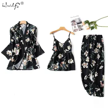Korėjos Elegancija, Gėlių Medvilnės Pižama Rinkiniai Moterims Trijų Dalių Kostiumą Atsitiktinis Gėlių Chalatai + Cami + Kelnės Sleepwear Moterų Pižamos Rinkiniai