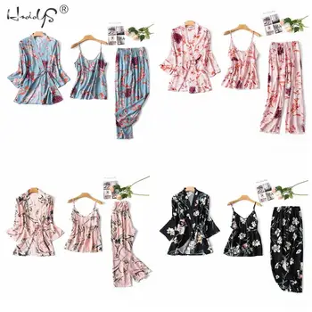 Korėjos Elegancija, Gėlių Medvilnės Pižama Rinkiniai Moterims Trijų Dalių Kostiumą Atsitiktinis Gėlių Chalatai + Cami + Kelnės Sleepwear Moterų Pižamos Rinkiniai