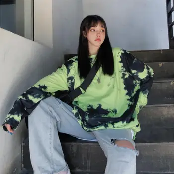 Korėjos Kaklaraištis Dažų Palaipsniui Keisti Long Sleeve T-shirt Prarasti Moterų Kpop Harajuku Derliaus Estetinės Goth, Gothic Top Hip-Hop Drabužiai