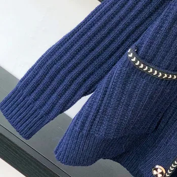 Korėjos Lady Elegantiškas Megztas Megztinis Prašmatnus Rudenį, Žiemą, Susagstomi Megztiniai Mados Vieno Krūtinėmis Trikotažas Megztinis Kailis Moterų Pasėlių Viršų
