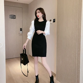 Korėjos Mini Megzti Suknelė Moterims Vasaros Mados Sluoksniuotos Rankovėmis Suknelės plius dydžio Streetwear juoda Suknelė vestidos
