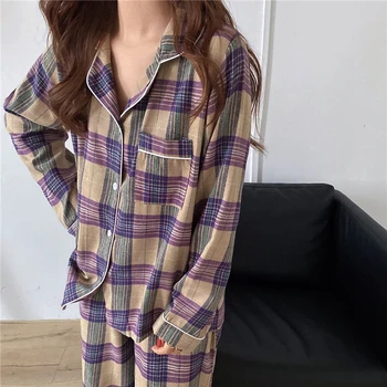 Korėjos mėgėjams pledas pižama rinkiniai ilgomis rankovėmis dalių komplektas rudenį pora homesuits moterų, vyrų, viršūnės ir kelnės 2 vnt miego dėvėti L014