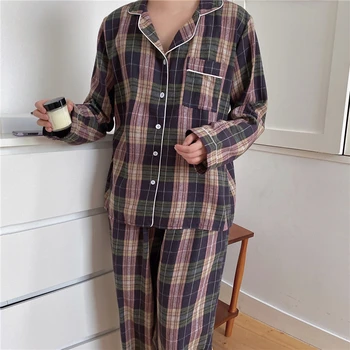Korėjos mėgėjams pledas pižama rinkiniai ilgomis rankovėmis dalių komplektas rudenį pora homesuits moterų, vyrų, viršūnės ir kelnės 2 vnt miego dėvėti L014