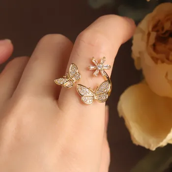 Korėjos naujas mados juvelyrikos išskirtinį vario inkrustacijos cirkonis drugelis gėlių atidarymo reguliuojamas moterų rodomuoju pirštu prom žiedas
