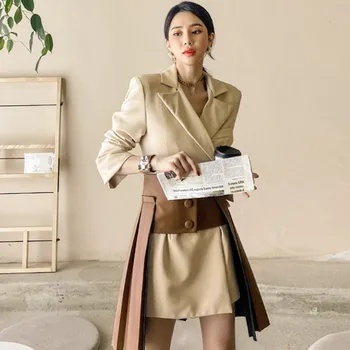 Korėjos Office Ponios Elegantiškas Mados Kostiumas Moterims Rudenį Įpjovomis Apykakle Suknelė, Švarkas + PU Klostuotas Mini Suknelę 2 dalių Komplektas