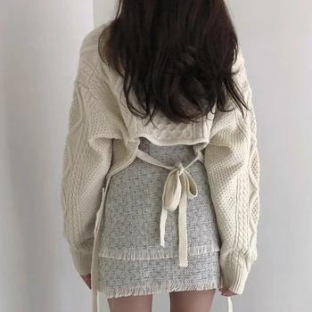 Korėjos Prašmatnus Apkarpytos Džemperis Moterims Atgal Nėrinių ilgomis Rankovėmis Megzti Twist Megztinis Džemperis 