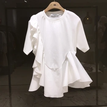 Korėjos Raukiniai kratinys trumpas rankovės marškinėliai moterims medvilnės nereguliarus tee marškinėliai femme modis marškinėlius juoda balta 2020 metų vasaros viršūnes