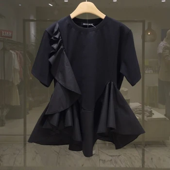 Korėjos Raukiniai kratinys trumpas rankovės marškinėliai moterims medvilnės nereguliarus tee marškinėliai femme modis marškinėlius juoda balta 2020 metų vasaros viršūnes