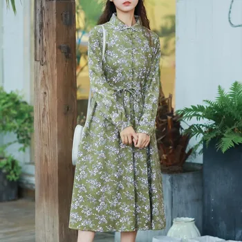 Korėjos Saldus Moterų Ilgas Elegantiškas Suknelė Gėlių Spausdinti Įvarstyti Atsitiktinis Ponios Midi Suknelė Vintage Velvetas Spalvingas Medvilnės Mielas Suknelė