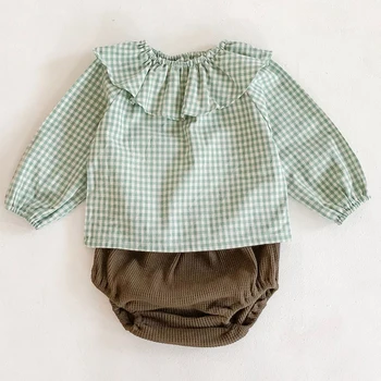 Korėjos Stiliaus Bamblys Kūdikių Mergaičių Drabužių Rinkiniai Mielas Plaid marškinėliai+PP Šortai Rudenį Kūdikių Mergaičių Drabužių Rinkiniai